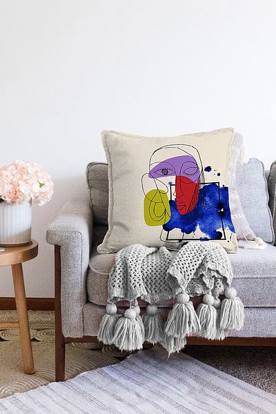 Realhomes Watercolor Face Motif Digital Printed Decorative Raschel Knitted Pillow Throw Pillow Case