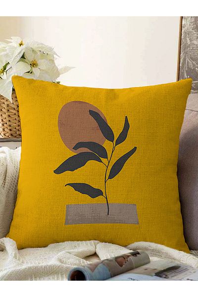 Realhomes Fundal galben Motiv cu frunze tropicale Raschel tricotat Husa de perna