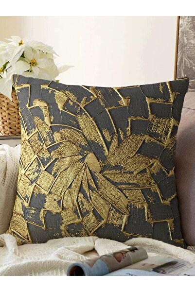 Realhomes Gold Detaylı Dijital Baskılı Özel Tasarım Dekoratif Raşel Örme Yast...