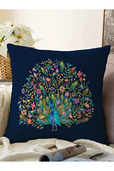 Realhomes غطاء وسادة منسوج بتصميم خاص على شكل طاووس باللون الأزرق الداكن