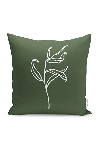 Realhomes Koyu Yeşil Zeminli Tropik Yaprak Çizgili Modern Yastık Kırlent Kılıfı