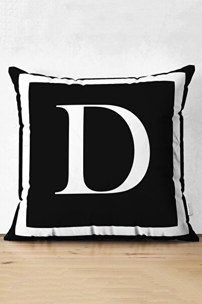 Realhomes Siyah Zemin Beyaz Çerçeveli D Harfi Dijital Baskılı Süet Yastık Kır...