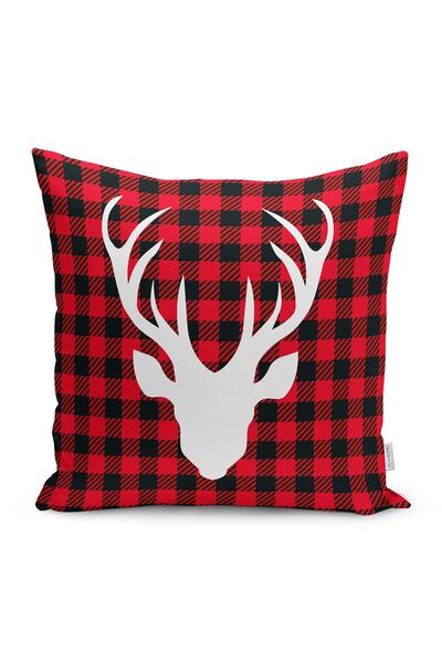 Realhomes Yılbaşı Temalı Kırmızı Siyah Ekose Zeminli Geyik Motifli Yastık Kır...