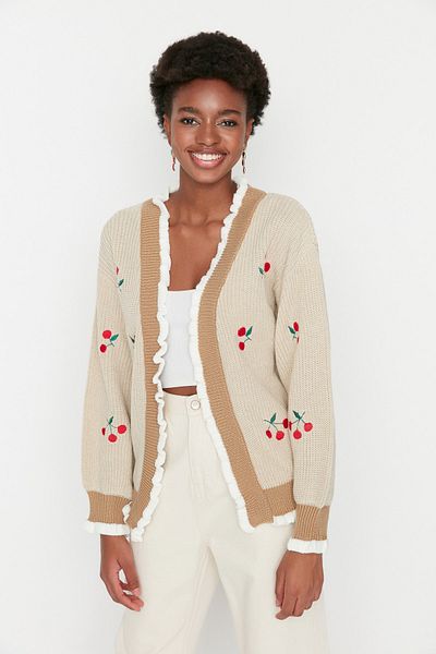 Trendyol Collection Ζακέτα πλεκτό καμηλό κεντητή TWOAW21HI0628