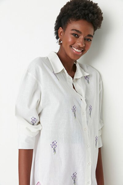 Trendyol Collection Bavlněná oversize ecru květinová vyšívaná košile - TWOSS22GO0246