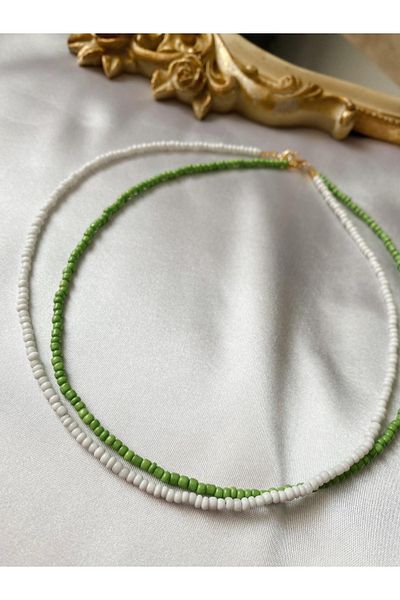 SWORDS CONCEPT Double White Green Bead Necklace