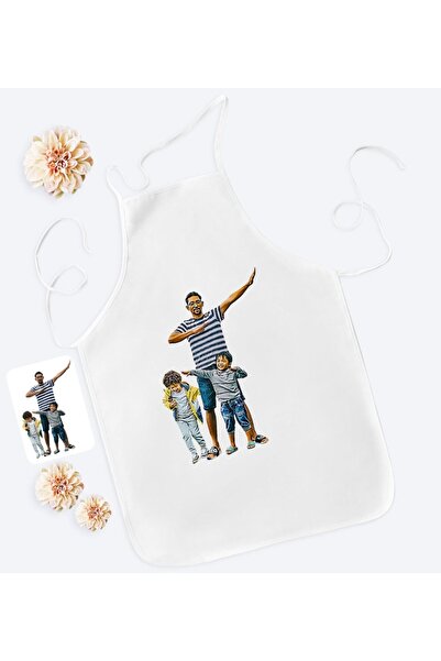 Bk Gift Kişiye Özel Tam Boy Baba Ve Oğullar Karikatürlü Beyaz Mutfak Önlüğü-1