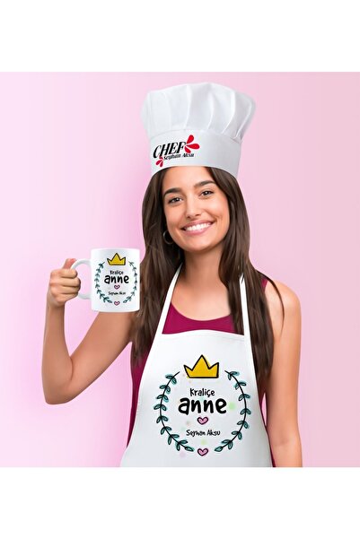 BK Kişiye Özel Kraliçe Anne Mutfak Önlüğü Aşçı Şapkası Ve Kupa Seti