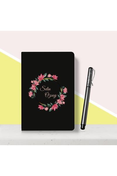 Bk Gift Kişiye Özel Çiçek Desenli Siyah Defter Kalem Seti-3