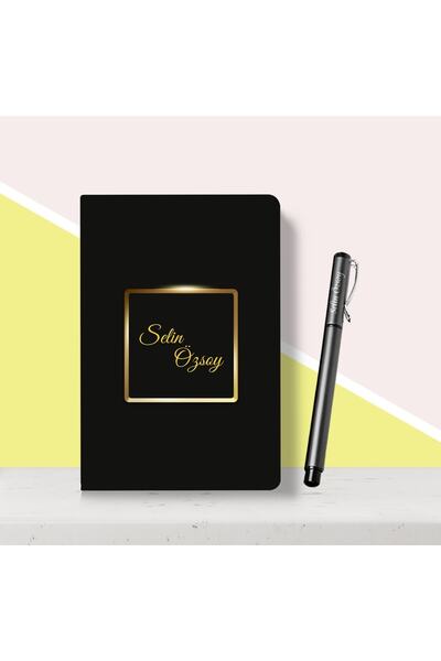 Bk Gift Kişiye Özel Altın Çerçeve Tasarımlı Siyah Defter Kalem Seti-1
