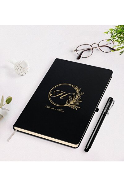 Bk Gift Kişiye Özel Baş Harf Isim Tasarımlı Siyah Defter Kalem Seti-8