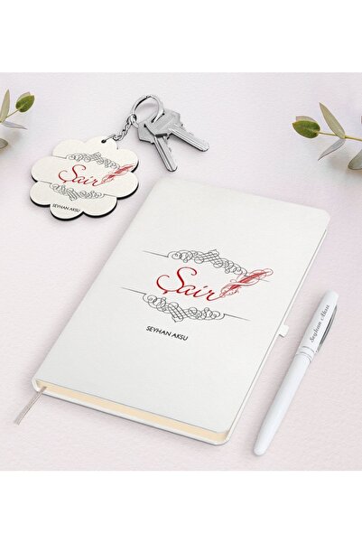 Bk Gift Kişiye Özel Şair Beyaz Defter Kalem Ve Anahtarlık Hediye Seti