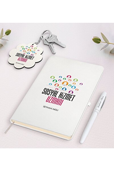 Bk Gift Kişiye Özel Sosyal Hizmet Uzmanı Beyaz Defter Kalem Ve Anahtarlık Hed...