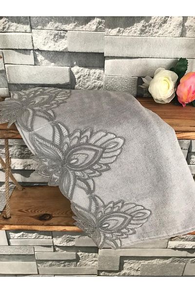 Çeyiz Bahçesi French Laced Ece Gray Velvet Towel 50x90