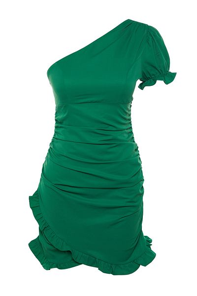 Trendyol Collection Grünes, zierliches, drapiertes Webkleid mit einer Schulter und einer Schulter TWOSS22EL00011