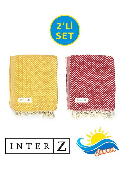 INTER Z Σετ 2 πετσέτες θαλάσσης Peshtemal, 100% βαμβάκι, Xxl 100x180cm, Marmaris, κίτρινο-κόκκινο