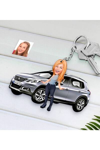 Bk Gift Kişiye Özel Bayan Peugeot 2008 Figürlü Plakalı Ahşap Karikatür Anahta...