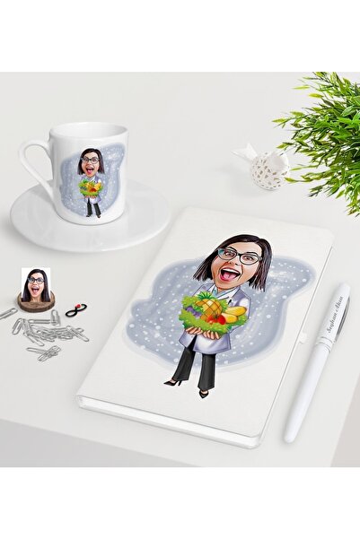 Bk Gift Kişiye Özel  Diyetisyen Karikatürlü Beyaz Defter Kalem Türk Kahvesi F...