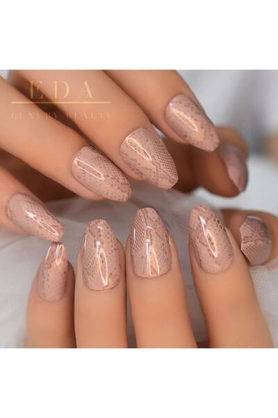 EDA LUXURY BEAUTY 24'lü Nude Ten Rengi Takma Tırnak Lüks Parlak Yılan Desenli...