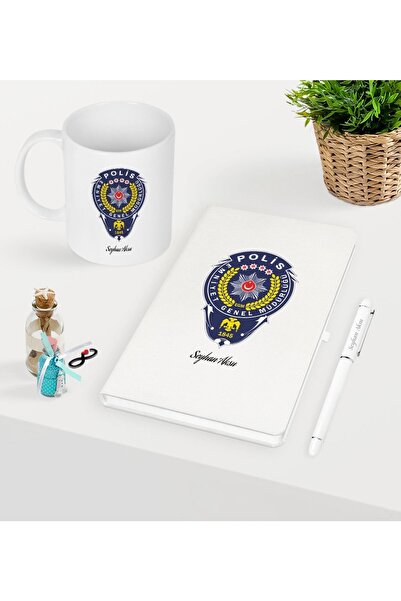 Bk Gift Kişiye Özel Polis Temalı Beyaz Defter Kalem Kupa Seti - 2