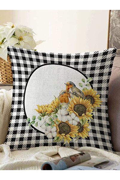 Realhomes Siyah Beyaz Ekose Ayçiçeği Özel Tasarımlı Modern Raşel Örme Yastık ...
