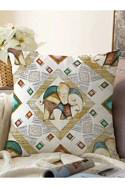 Realhomes Ethnic Motif Elephant Design Digital Printed Raschel Knitted Pillow...