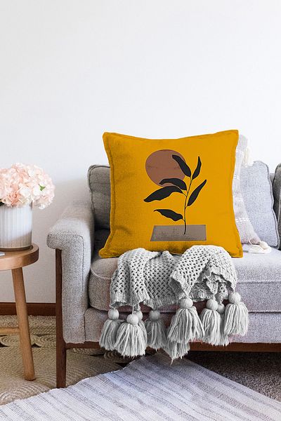 Realhomes Fundal galben Motiv cu frunze tropicale Raschel tricotat Husa de perna