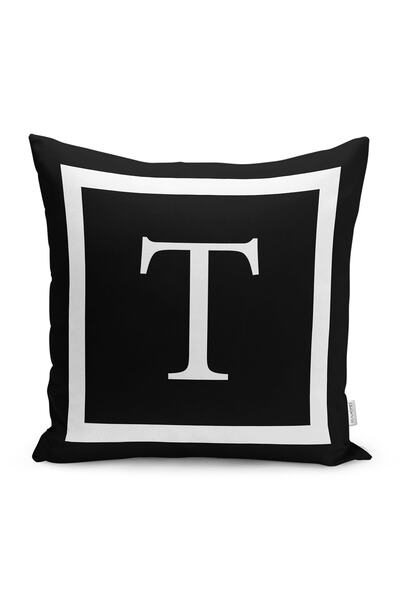 Realhomes Siyah Zemin Beyaz Çerçeveli T Harfi Dijital Baskılı Kırlent Kılıfı