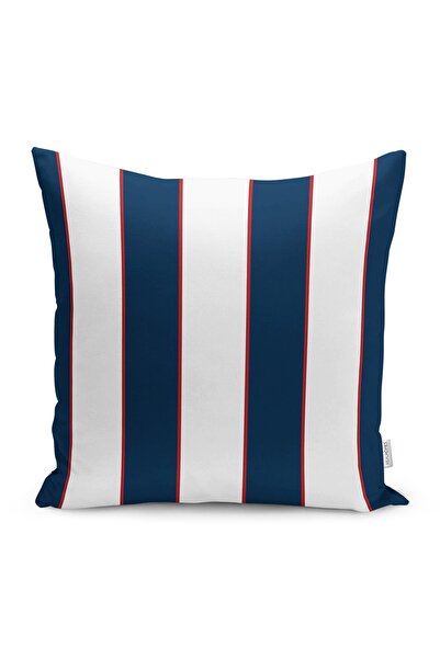 Realhomes Kırmızı Detaylı Lacivert Beyaz Çizgili Raşel Örme Yastık Kırlent Kı...