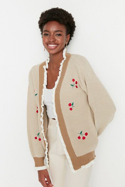 Trendyol Collection Ζακέτα πλεκτό καμηλό κεντητή TWOAW21HI0628