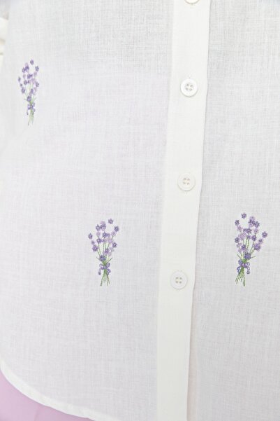 Trendyol Collection Bavlněná oversize ecru květinová vyšívaná košile - TWOSS22GO0246