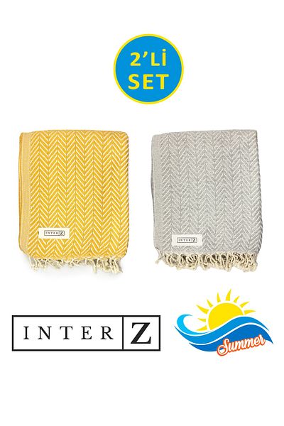 INTER Z Σετ 2 πετσέτες παραλίας Peshtemal, 100% βαμβάκι, Xxl 100x180cm, Marmaris, Honey Yellow-grey
