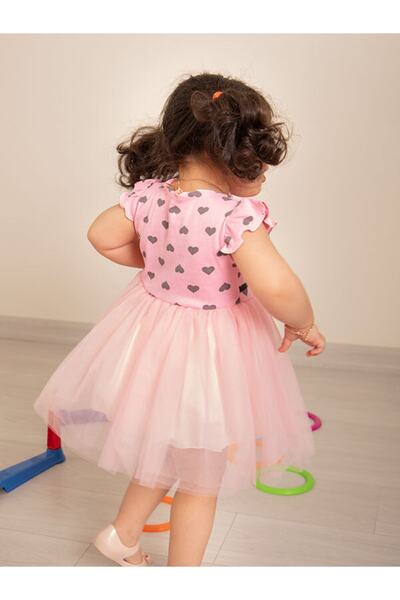 Mika Bebek & Çocuk Kalp Desenli Tüllü Kız Çocuk Pembe Yazlık Elbise