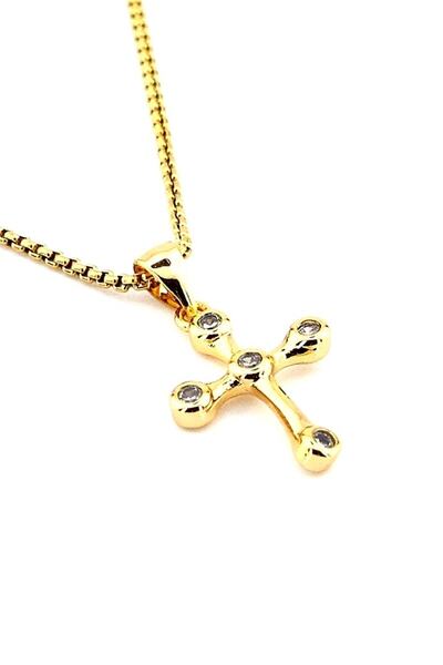 Solfera Küçük Boy Zirkon Taş Katolik Hristiyan Sarı Çelik Haç Kolye Q0527