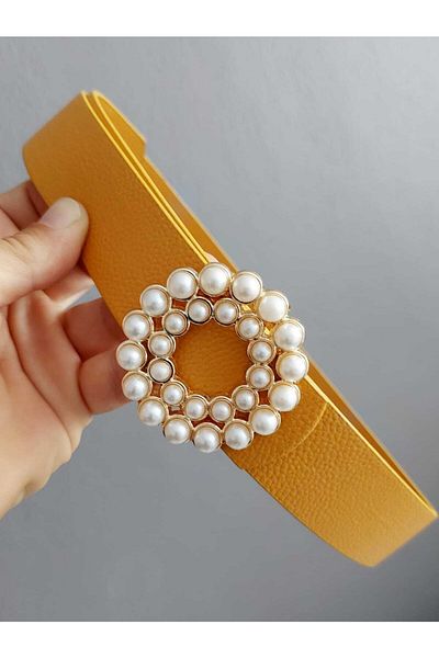 Kemerix Women's Mustard Yellow Belt with Pearl Stone Gold Round Buckle