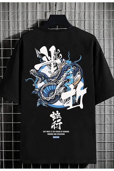 DEEPSENCE Unisex Μαύρο μπλουζάκι Oversize με στάμπα με φίδι