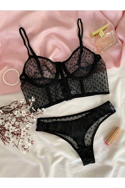 MH Moony Homewears Premium Μαύρο Σετ Μισό Κορσέ Bralet