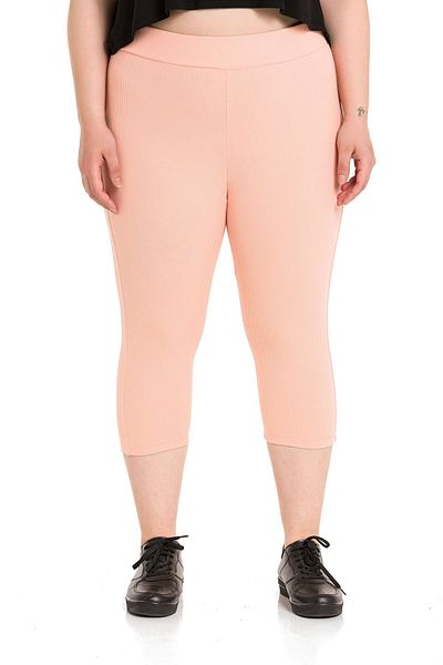 DISENTIS MODEST Ribbed Elastic Waist Caryoka Stitched Below the Knee Salmon Color Leggings
