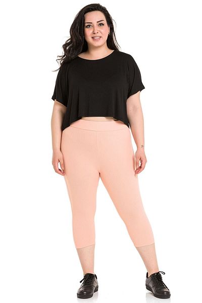 DISENTIS MODEST Ribbed Elastic Waist Caryoka Stitched Below the Knee Salmon Color Leggings