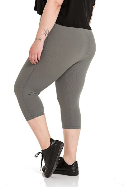 DISENTIS MODEST Large Size Ribbed Waist Elastic Cot Stitched Knee Length Khaki Women's Tights