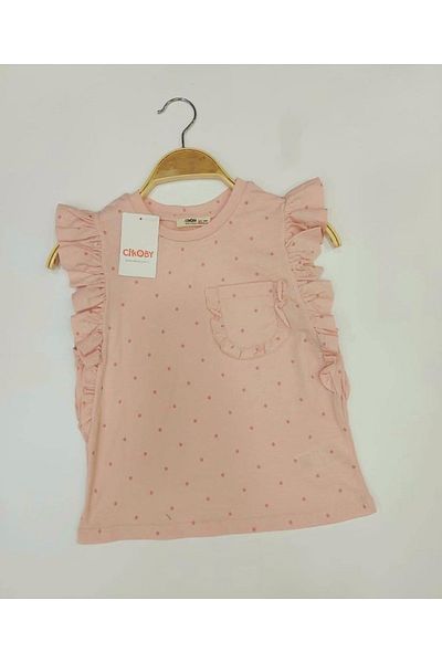 Çikoby Girl's Pink Polka Dot Sleeves Flounce Blouse