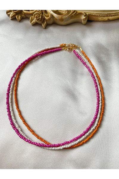 SWORDS CONCEPT Triple Orange White Pink Beaded Necklace Set