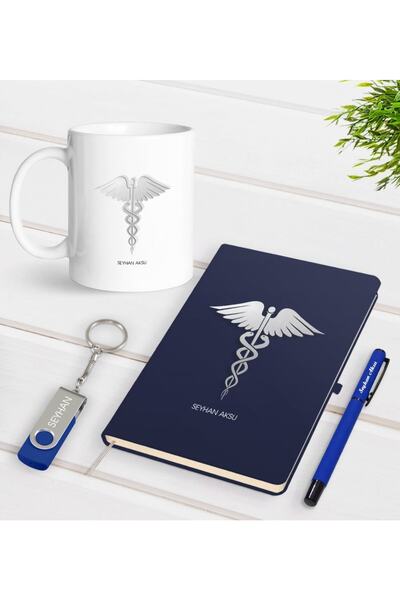 Bk Gift Kişiye Özel Tıp Sembolü Temalı Lacivert Defter Kalem Kupa 32gb Usb Bellek Hediye Seti-1