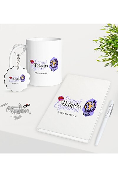 Bk Gift Kişiye Özel Sosyal Bilgiler Öğretmeni Kupa Anahtarlık Beyaz Defter Ka...