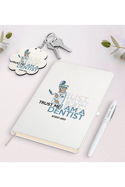 Bk Gift Kişiye Özel Diş Hekimi Beyaz Defter Kalem Ve Anahtarlık Hediye Seti-3