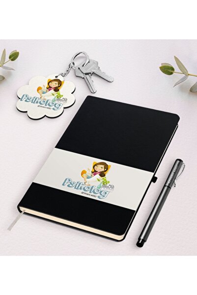 Bk Gift Kişiye Özel Psikolog Siyah Defter Kalem Ve Anahtarlık Hediye Seti-2