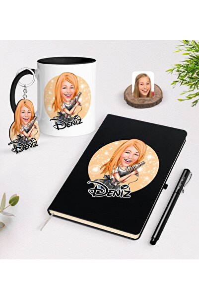 Bk Gift Kişiye Özel Kadın Kuaför Karikatürlü Siyah Defter Kalem Kupa Ve Anahtarlık Hediye Seti-2