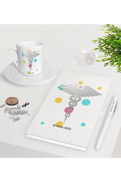 Bk Gift Kişiye Özel Tıp Sembolü Beyaz Defter Kalem Türk Kahvesi Fincanı Seti-1