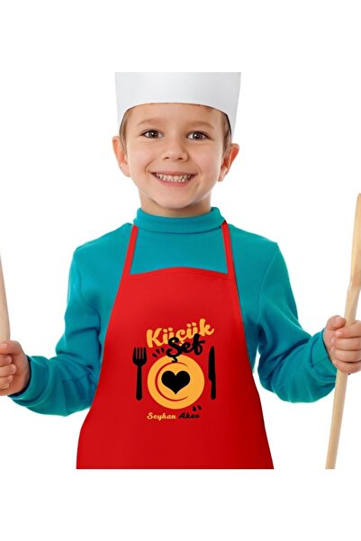 Bk Gift Kişiye Özel Küçük Şef Tasarımlı Erkek Çocuk Kırmızı Mutfak Önlüğü-5