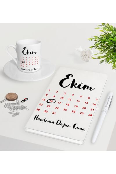 Bk Gift Kişiye Özel Doğum Günü Takvim Beyaz Defter Kalem Türk Kahvesi Fincanı...